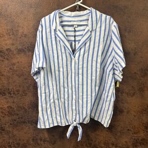NWT Ava & Viv 3X Blue White Linen Tie Front Button Down Lightweight Top